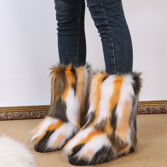 Autumn Winter New Women's Mid-calf Boots Faux Furry Fur Super High Heels Platform Pull On Snow Shoes