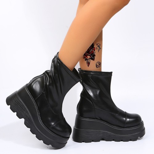 Women Fashion Round Toe Zipper Platform Square Heel Boots
