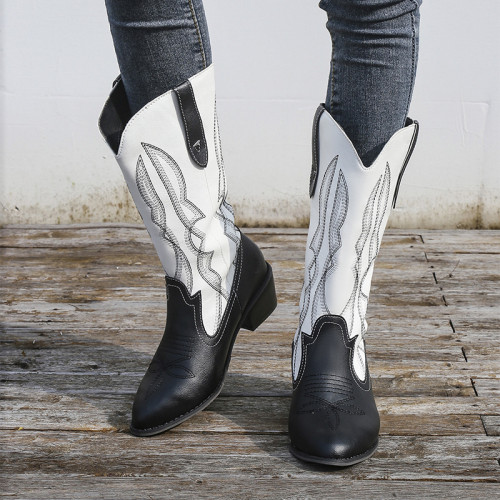 New Fashion Pointed Toe Slip-On Square Hight Heel Mid-Calf Boots
