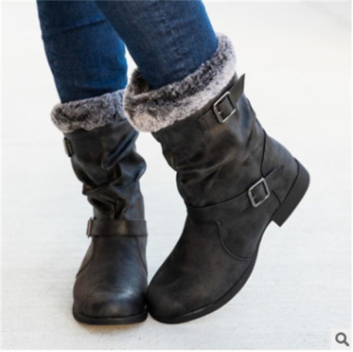 Women's Boots Ladies Shoes Knitted Mid Calf High Boots Winter Buckle Strap Female Chunky Heels Woman Slip On Retro Boot