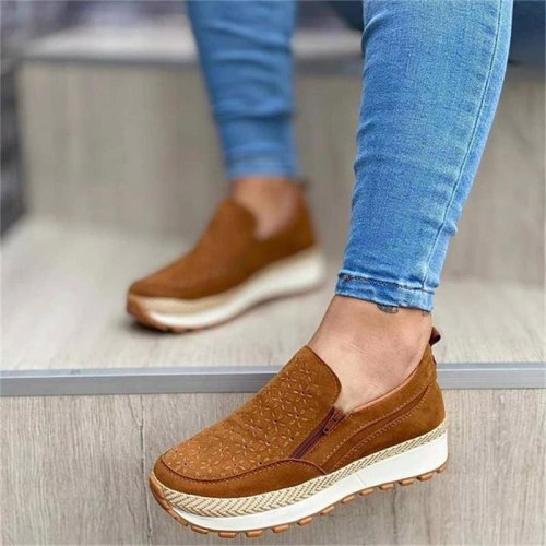 New Women's Casual Shoes Slip On Zipper Fashion Personality Flat Shoes Platform Solid Faux Suede Comfortable Ladies Sneaker
