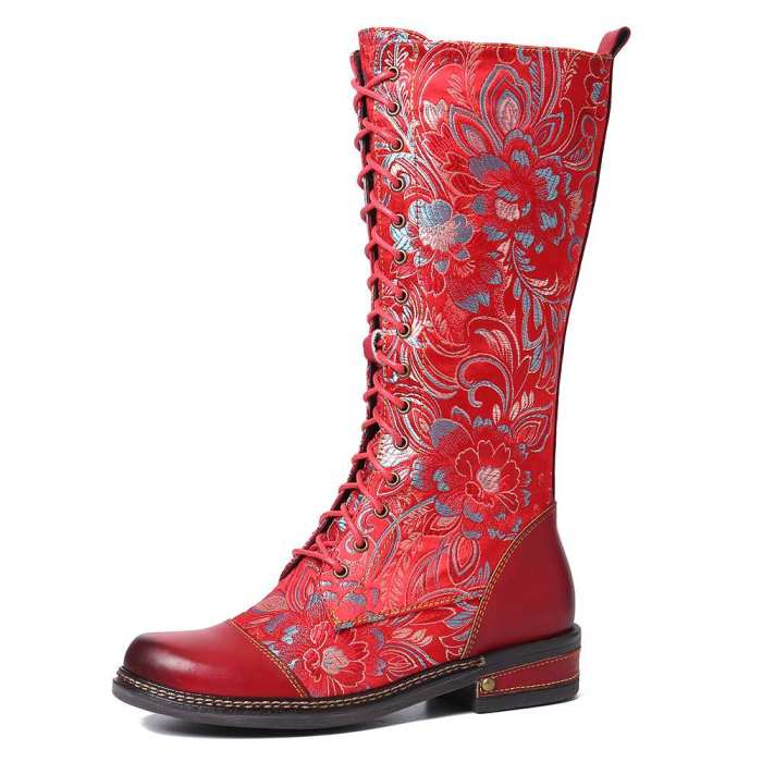 Flowers Pattern Colorful Stitching Elegant Zipper Lace Up Flat Mid Calf Boots Elegant Shoes Women Shoes