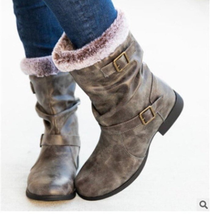 Women's Boots Ladies Shoes Knitted Mid Calf High Boots Winter Buckle Strap Female Chunky Heels Woman Slip On Retro Boot