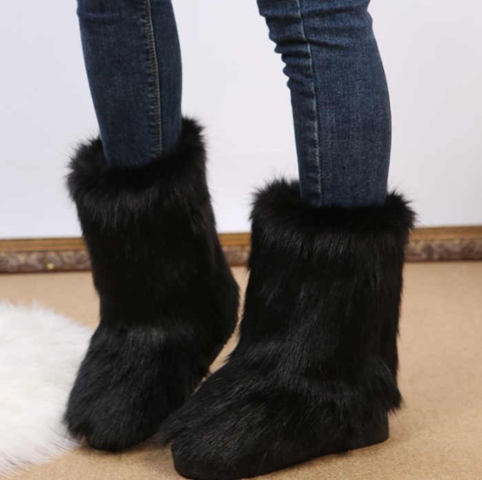Autumn Winter New Women's Mid-calf Boots Faux Furry Fur Super High Heels Platform Pull On Snow Shoes