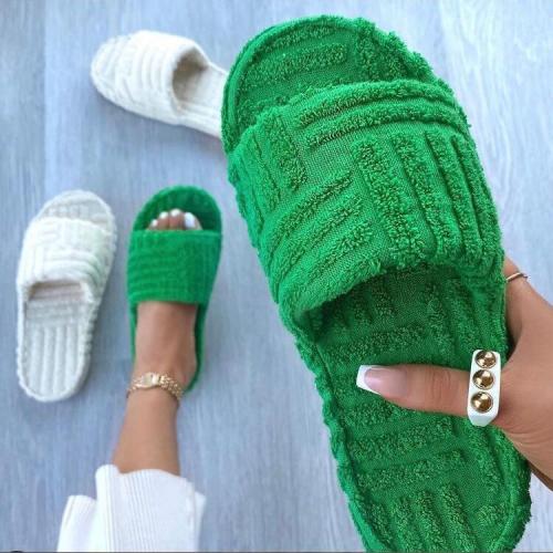 2021 women new home slippers one-word thick-soled warm furry women shoes embossed cotton drag outdoor all-match casual slippers