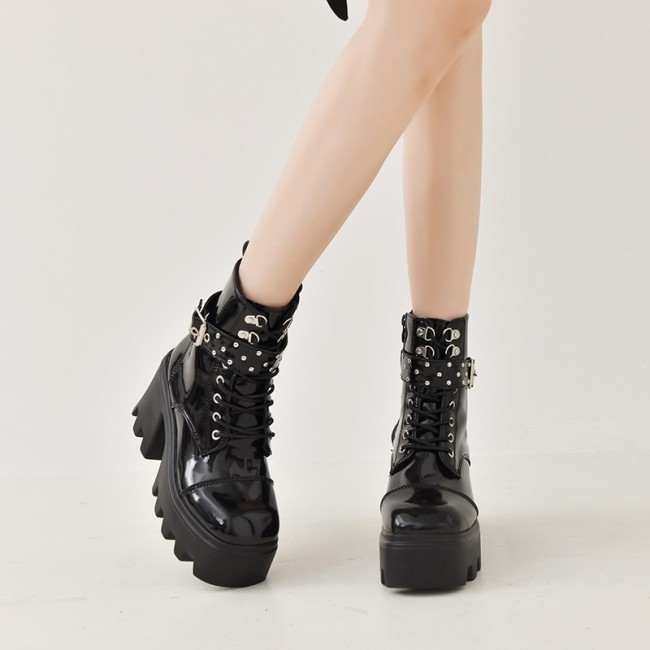 Boots For Women Platform Heel Thick Soled Ankle Buckle Lace Up Ankle Boots High Heels