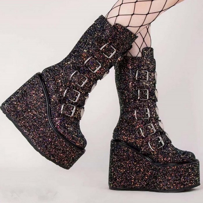Brand Design Big Size Gothic Cool Punk Motorcycles Boots Female Platform Boots Wedges High Heels Calf Boots Women Shoes