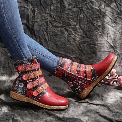 Large size Martin boots new style round toe printing buckle flat ankle boots female trade women's boots