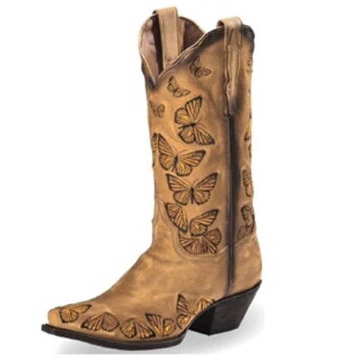 Fashion Embossed Microfiber Leather Women Boots Butterfly Embroidery Pointed Toe Western Cowboy Boots Chunky Knee-High Boots