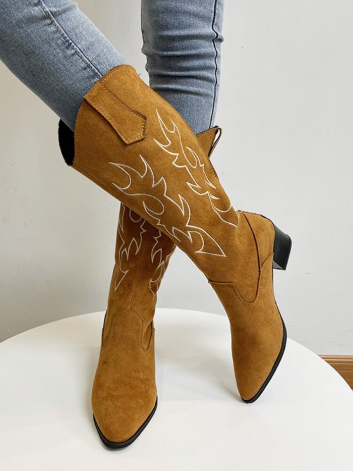 Fashion Retro Thick Heel Pointed Toe Embroidery Boots Female Autumn New Sleeve Knight Boots V-mouth Western Cowboy Fashion Boots