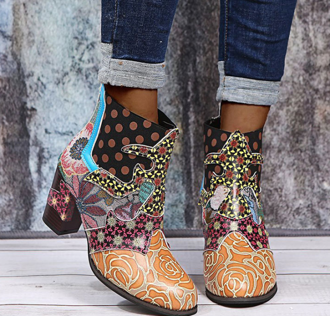 Retro Colorful Boots PU Leather Gorgeous High Square Heel Zipper Boots Women Colorful Boots Women's Autumn Boots Platform Shoes