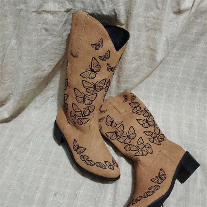 Fashion Embossed Microfiber Leather Women Boots Butterfly Embroidery Pointed Toe Western Cowboy Boots Chunky Knee-High Boots