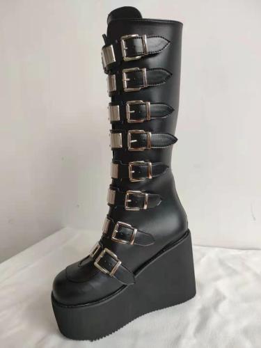 Women's  Winter Long Tube Leather Knight Boot Punk Gothic Classic Black High Heel Shoes Knee-High