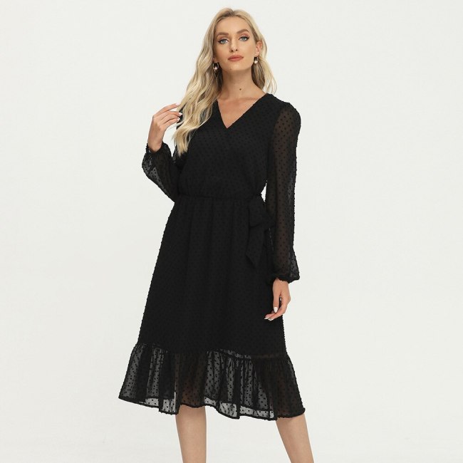 Fashion Women Black Ruffles V-Neck Elegant Maxi Dress