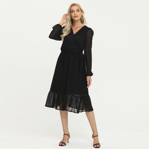 Fashion Women Black Dress Ruffles See Through Long Sleeve V-Neck Elegant Ladies Dresses With Sashes High Quality  2021