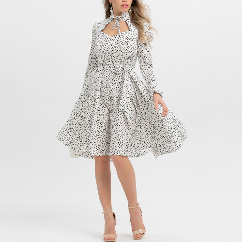 Polka Dot A-line Elegant V-neck Long Sleeve Casual Dress