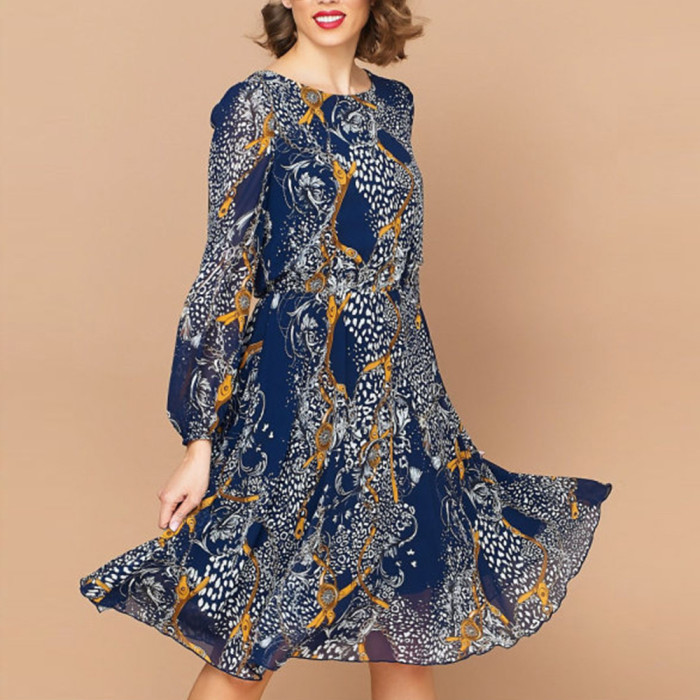 Vintage Chiffon Long Sleeve Round Neck Maxi Dress