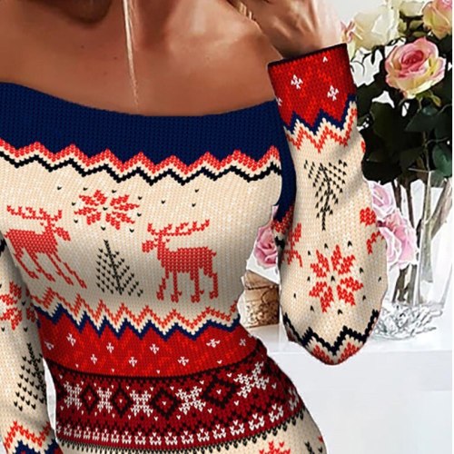 Sexy Christmas Print Mini Dress Women Cold Shoulder Long Sleeve Wrap Hip Mini Dress Vintage Bodycon Festival Clothing