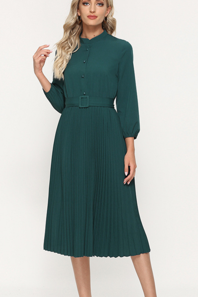 Green Single Breasted A-line Working Dress Elegant Pleated Autumn Dress For Women Winter Midi Vestidos De