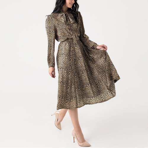 Vintage Leopard Printing A-line Dress For Women Bow Long Sleeve Autumn Winter Party Vestidos Female Working Dresses