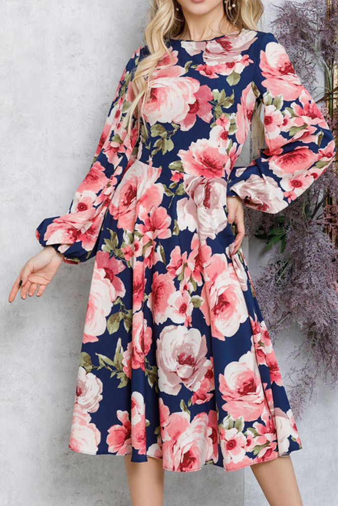 Floral Print Elegant Elastic Waist Flare Sleeve Slim Vintage Maxi Dress