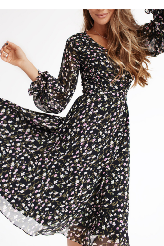 Women's Lace Up 3/4 Sleeves Floral Chiffon Dress