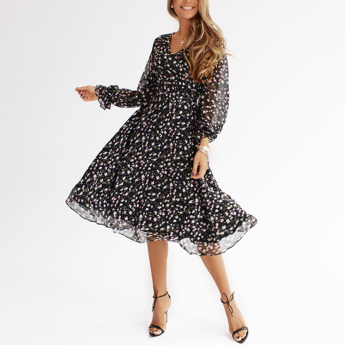 Women's Lace Up 3/4 Sleeves Floral Chiffon Dress