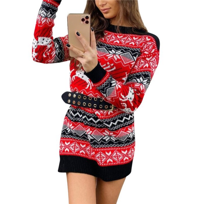 Women's Christmas Sweater Dress Long Sleeve Round Neck Slim Fit Knit Pullover Dress For Autumn Winter Spring