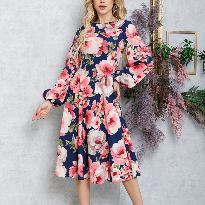 Floral Print Elegant Elastic Waist Flare Sleeve Slim Vintage Maxi Dress