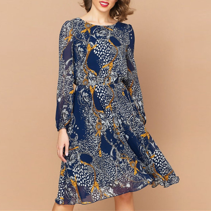 Vintage Chiffon Long Sleeve Round Neck Maxi Dress