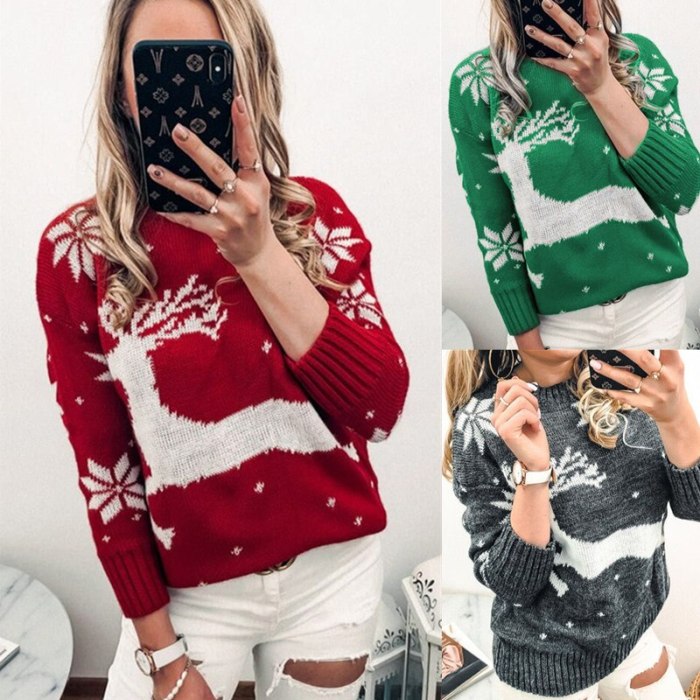 Women's Autumn Winter Knitted Sweater Jacquard Christmas Theme Knitted Long Sleeved Sweater Women Warm Knitwear Jumpers
