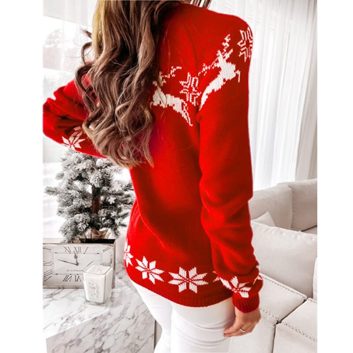 Women's Christmas Round Neck Long Sleeve Elk Snowflake Print Loose Knit Tops Sweater Women's Pullovers Streetwear