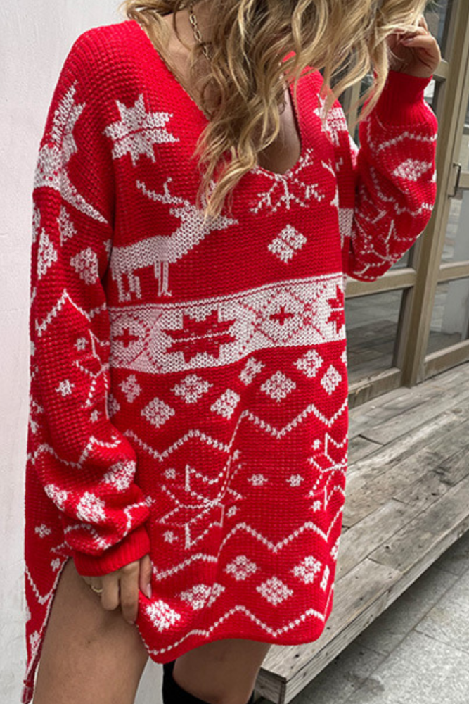 Winter Warm Fashion Christmas Snowflake Print Deer Character Long Sleeve Dresses Ladies Casual Sweater Mini Dress Xmas gift 2021