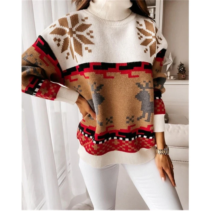 2021 Autumn Women's Christmas Turtleneck Sweaters Long Sleeve Elk Snowflake Pattern Women's Pullovers Loose Knit Tops Streetwear