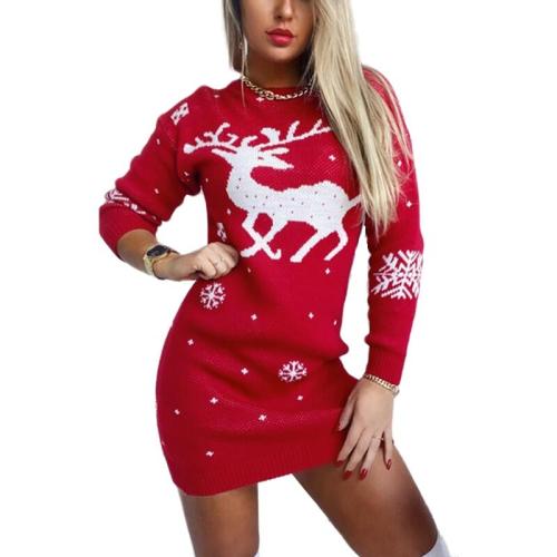 2021 Christmas Fashion Sexy Womens Elk Print Jumper Long Sleeve Dress Loose Pullover Winter Casual