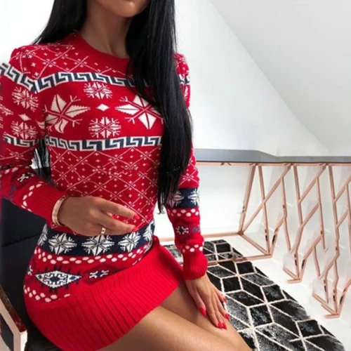 Women  Skinny Knitted Dress Autumn Printed Long Sleeve Casual Elegant Mini Sweater Dress Winter Warm Clothes