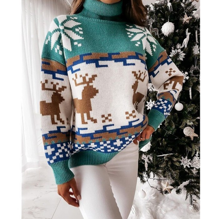 2021 Autumn Women's Christmas Turtleneck Sweaters Long Sleeve Elk Snowflake Pattern Women's Pullovers Loose Knit Tops Streetwear