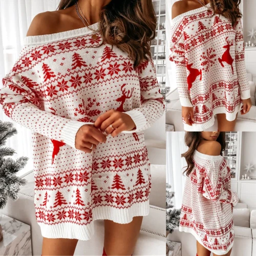 Christmas Sweater Dress For Women Winter Autumn Clothing Long Sleeve Pullover Loose Casual Mini Party Dress New Years Suit