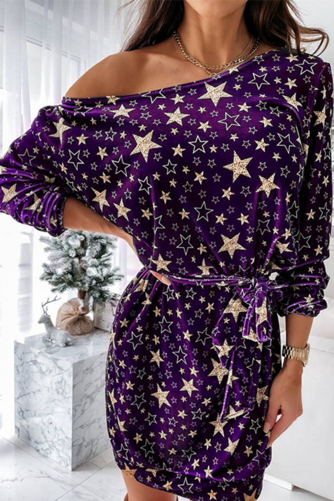 2021 Spring Autumn Women Sexy One Shoulder Mini Dress Party Kawaii Stars Printed Full 2XL Oversized Feamle Clubwear Sashes