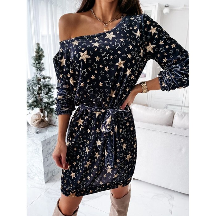2021 Spring Autumn Women Sexy One Shoulder Mini Dress Party Kawaii Stars Printed Full 2XL Oversized Feamle Clubwear Sashes