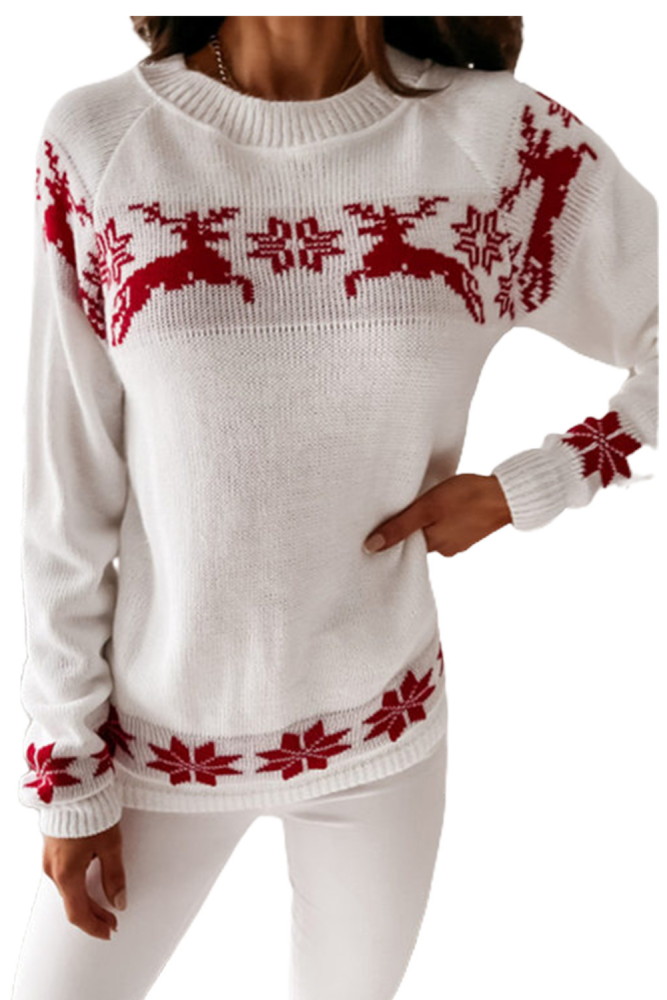 Women's Christmas Round Neck Long Sleeve Elk Snowflake Print Loose Knit Tops Sweater Women's Pullovers Streetwear