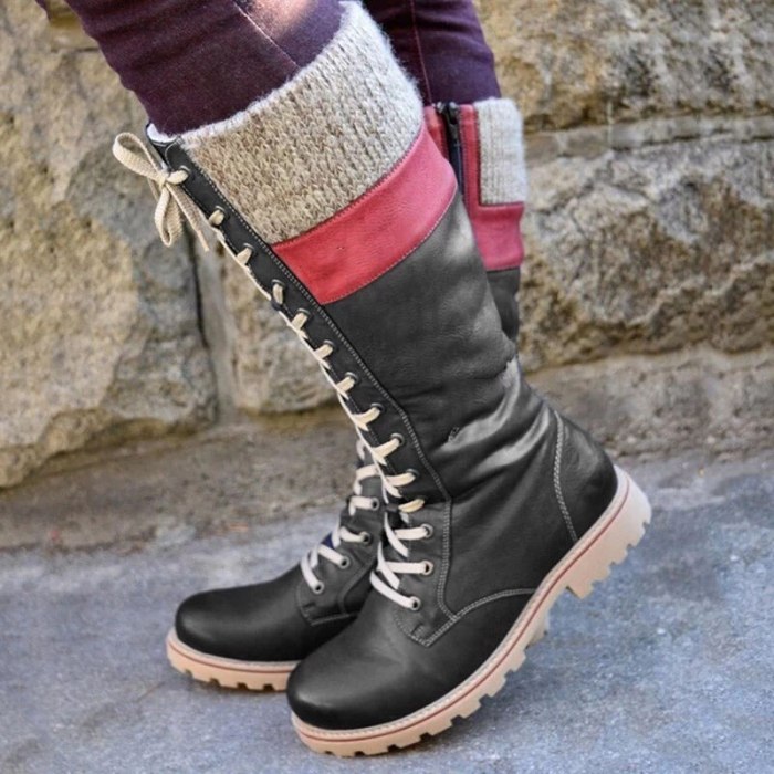Women Middle Calf Boots Low Thick Heel Winter Vintage PU Leather Lace up Booties Shoes TY66