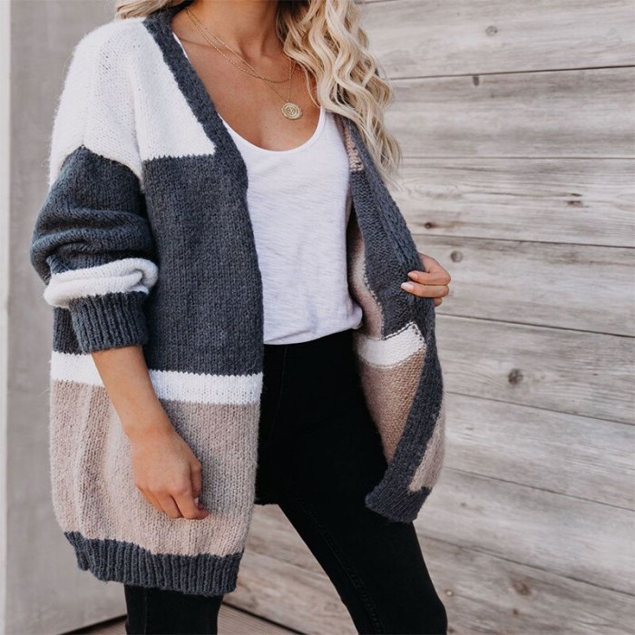 2021 New Fashion Splicing Color Large Size Knit Cardigan Loose Casual Women's Sweater Jacket Autumn and Winter Pull