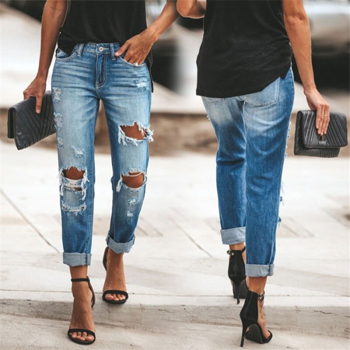 Women Skinny Streetwear Jeans Fashion Summer Mid Waist Stretch Destroyed Denim Pants Ladies Distressed Jeans