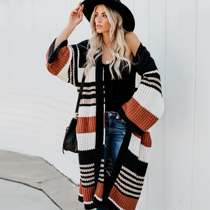 Flare Long Sleeve Cardigan For Women Coat Vintage Striped Autumn Winter Warm Coats Knitwear Boho Sweaters Jumper Outwear