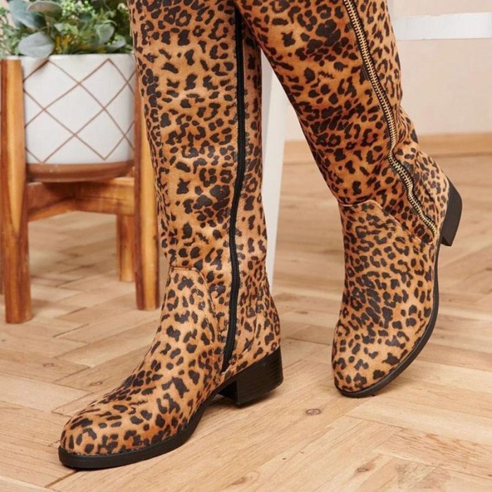 Women's Zip Leopard PU Solid Non-Slip Platform Mid-Calf Boots