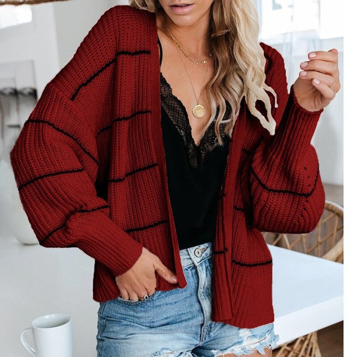 Winter 2021 Fashion Women Striped Cardigan Casual Elegant Lantern Sleeves Open Stitch Sweater