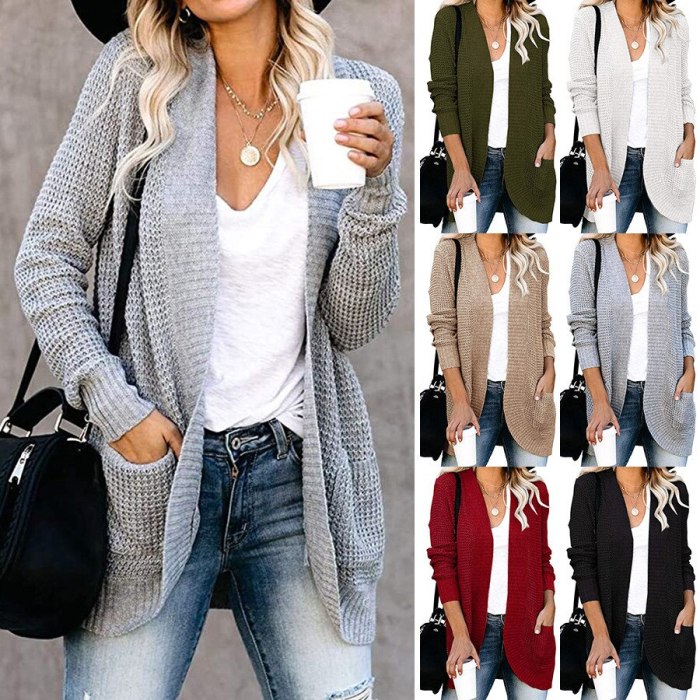 Cardigan Women Casual Knitted Open Front Korean Fashion Sweater Woman 2021 Winter Grey Pockets Long Cardigan Knitted Female Coat