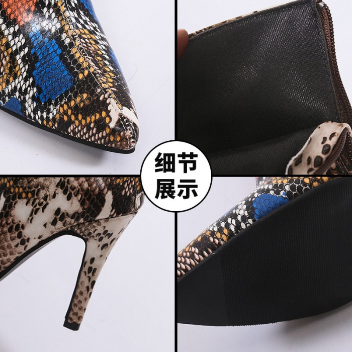 Autumn Women Ankle Boots Shoes Woman Wedding Party High Heel Pumps Female Snake pattern Leather Short Bootie 33-45
