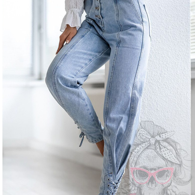 Tie Up Straight High Waist Jeans Women Clothes New Casual Skinny Denim Pants Capris Ladies Pocket Elegant Trousers Street